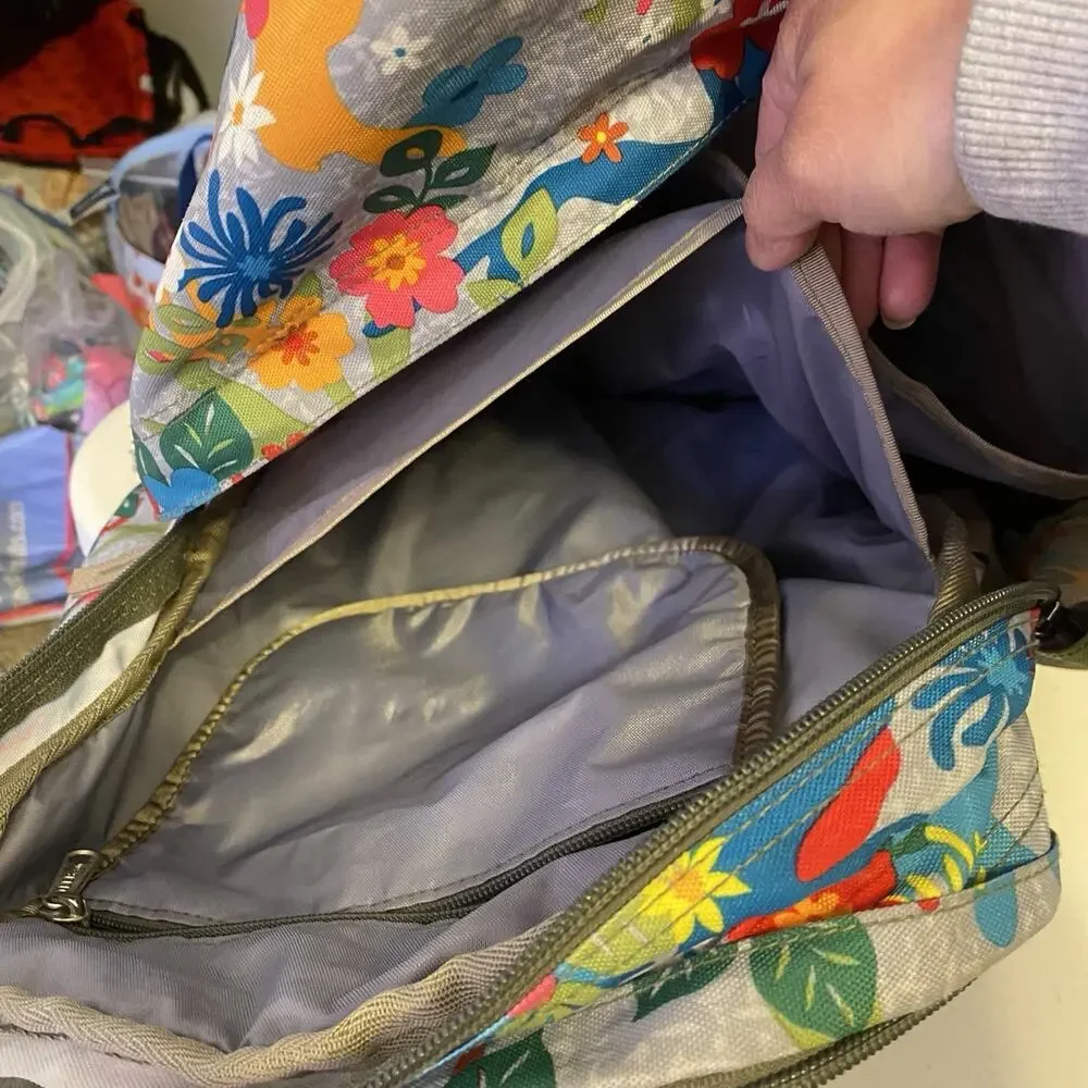LL Bean Deluxe Book Pack Backpack Gray Floral Kid School Travel Camping Hike Bag